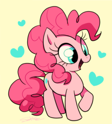 Size: 1280x1419 | Tagged: safe, artist:gekiamana, pinkie pie, earth pony, pony, g4, cute, diapinkes, female, happy, heart, open mouth, simple background, smiling, solo, yellow background