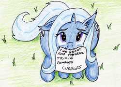 Size: 1836x1325 | Tagged: safe, artist:40kponyguy, derpibooru exclusive, trixie, pony, unicorn, 30 minute art challenge, both cutie marks, cute, diatrixes, ear fluff, female, floppy ears, hug request, looking at you, looking up, looking up at you, mouth hold, solo, traditional art