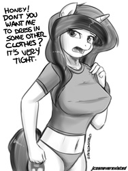 Size: 960x1280 | Tagged: safe, artist:jcosneverexisted, oc, oc only, oc:azúcar, unicorn, anthro, belly button, clothes, explicit source, grayscale, monochrome, panties, short shirt, solo, thong, underwear