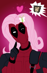 Size: 3000x4667 | Tagged: safe, artist:edcom02, fluttershy, human, g4, bust, clothes, comedy, cosplay, costume, crossover, deadpool, exclamation point, floating heart, funny, heart, high res, marvel, mercenary, one eye closed, portrait, selfie, surprised, wig, wild card (x-men), wink, wolverine