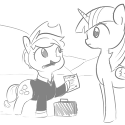 Size: 1080x1080 | Tagged: safe, artist:tjpones, applejack, twilight sparkle, alicorn, earth pony, pony, appleboss, boss, briefcase, chubby, cigar, clothes, contract, grayscale, hat, hoof hold, monochrome, necktie, short hair, simple background, suit, twilight sparkle (alicorn), white background