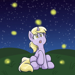 Size: 1024x1024 | Tagged: safe, artist:yoshimarsart, dinky hooves, firefly (insect), pony, g4, female, grass field, night, open mouth, sitting, solo, stars, watermark