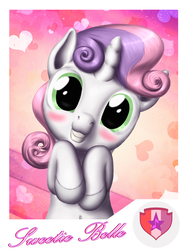 Size: 1200x1600 | Tagged: safe, artist:vasillium, sweetie belle, pony, unicorn, g4, belly button, blushing, cutie mark, female, filly, grin, looking at you, smiling, solo, the cmc's cutie marks