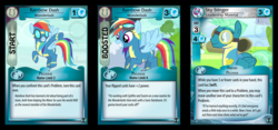 Size: 1071x500 | Tagged: safe, enterplay, rainbow dash, sky stinger, pegasus, pony, defenders of equestria, g4, my little pony collectible card game, ccg, clothes, female, flying, folded wings, male, mare, merchandise, spread wings, stallion, uniform, wings, wonderbolts, wonderbolts uniform
