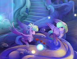 Size: 2200x1700 | Tagged: safe, artist:viwrastupr, cloudchaser, flitter, pony, g4, close-up, flower, rose, scenery, stairs