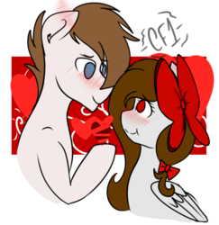 Size: 2500x2576 | Tagged: safe, artist:rsa.fim, oc, oc only, oc:crash bash, oc:whisper hope, earth pony, pegasus, pony, blushing, bow, commission, couple, crashope, female, hair bow, high res, looking at each other, male, mare, oc x oc, red eyes, ribbon, romance, shipping, simple background, smiling, stallion, straight, transparent background