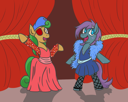 Size: 1280x1024 | Tagged: safe, artist:jargon scott, oc, oc only, oc:baroness, oc:grittyguts, earth pony, pony, bipedal, clothes, dress, fishnet stockings, open mouth, smiling
