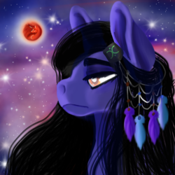 Size: 2146x2146 | Tagged: safe, artist:brainiac, oc, oc only, oc:brainiac, earth pony, pony, blood moon, feather, high res, male, mare in the moon, moon, sad, solo, stallion, stars