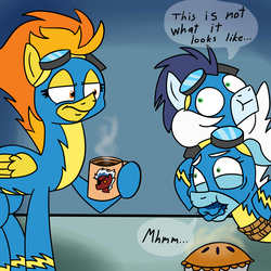 Size: 2952x2952 | Tagged: safe, artist:gagpal3, fleetfoot, soarin', spitfire, pony, g4, bondage, coffee, food, gag, high res, mug, pie, rope, tied, wonderbolts