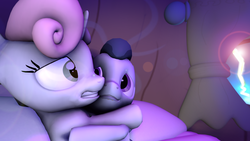 Size: 3840x2160 | Tagged: safe, artist:viranimation, rumble, sweetie belle, g4, 3d, cuddling, fear of thunder, high res, lightning, male, scared, ship:rumbelle, shipping, snuggling, source filmmaker, straight, thunderstorm