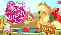 Size: 935x543 | Tagged: safe, apple bloom, applejack, big macintosh, bird, blue jay, earth pony, pony, equestria daily, g4, official, apple, food, game, male, my little pony logo, nickelodeon, stallion