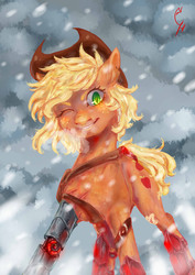 Size: 2507x3541 | Tagged: safe, artist:coconuthound, applejack, cyborg, earth pony, pony, g4, amputee, bandaid, clothes, cold, female, high res, looking at you, one eye closed, prosthetic limb, prosthetics, scar, smiling, snow, solo, torn ear, wink