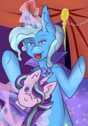 Size: 1400x2000 | Tagged: safe, artist:mangajag, starlight glimmer, trixie, pony, unicorn, g4, belly button, button eyes, cape, clothes, duo, ear fluff, glowing horn, hat, horn, levitation, lidded eyes, magic, magic trick, one eye closed, open mouth, smiling, telekinesis, top hat, trixie's cape, trixie's hat, underhoof, wink