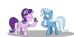 Size: 2024x1024 | Tagged: safe, artist:rougueone, starlight glimmer, trixie, pony, unicorn, g4, blushing, duo, eyes closed, female, lesbian, marriage proposal, open mouth, raised hoof, ring, ship:startrix, shipping, simple background, smiling, transparent background, wedding proposal