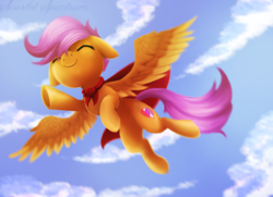 Size: 1381x1000 | Tagged: dead source, safe, artist:scarlet-spectrum, scootaloo, pony, cape, clothes, cloud, cute, cutealoo, cutie mark, female, floppy ears, flying, scootaloo can fly, sky, smiling, solo, the cmc's cutie marks