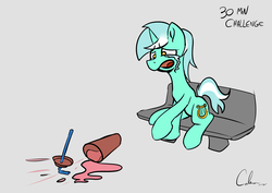 Size: 4960x3507 | Tagged: safe, artist:calena, lyra heartstrings, pony, unicorn, g4, 30 minute art challenge, absurd resolution, bench, crying, cup, drink, female, gray background, horse problems, milkshake, open mouth, raised hoof, sad, simple background, sitting, solo, spill, spilled drink, splash