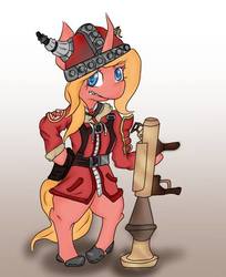 Size: 496x609 | Tagged: artist needed, safe, oc, oc only, oc:peach bloom, alicorn, anthro, unguligrade anthro, alicorn oc, australium, australium rocket launcher, clothes, cold snap coat, costume, female, filly, gunboats, helmet, horned helmet, rocket launcher, shogun's shoulder guard, smug, soldier, soldier (tf2), solo, team fortress 2, tyrant's helm, viking helmet