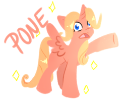 Size: 733x581 | Tagged: safe, artist:coweetie, oc, oc only, oc:peach bloom, alicorn, pony, alicorn oc, female, filly, simple background, solo, sparkles, spread wings, text