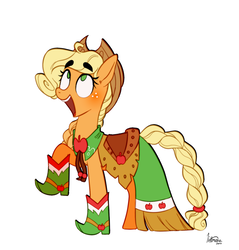 Size: 1024x1070 | Tagged: safe, artist:littmosa, applejack, earth pony, pony, g4, boots, braided tail, clothes, cowboy boots, dress, female, gala dress, open mouth, ponytail, raised hoof, simple background, solo, white background