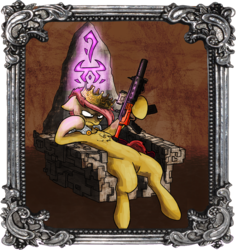 Size: 898x950 | Tagged: safe, artist:slamjam, oc, oc only, pony, crown, gun, jewelry, picture frame, regalia, rifle, sitting, solo, throne, throne slouch, weapon