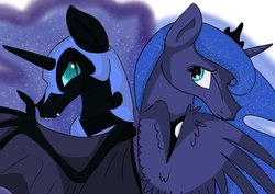 Size: 1024x724 | Tagged: safe, artist:animalpainter, nightmare moon, princess luna, alicorn, bat pony, bat pony alicorn, pony, g4, bat wings, duality, fangs, hoers