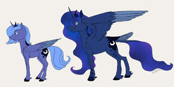 Size: 1024x512 | Tagged: safe, artist:mattsykun, princess luna, g4, duality, filly, gray background, s1 luna, simple background, tail feathers, unshorn fetlocks, woona, younger