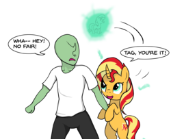 Size: 1301x1059 | Tagged: safe, artist:zharkaer, sunset shimmer, oc, oc:anon, human, pony, unicorn, g4, annoyed, bipedal, curved horn, dialogue, horn, magic, playing, raised eyebrow, simple background, speech bubble, teleportation, transparent background
