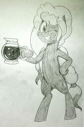 Size: 1571x2345 | Tagged: safe, artist:kutt172, oc, oc only, oc:sweet mocha, pegasus, pony, bipedal, coffee, coffee pot, freckles, looking at you, one eye closed, sketch, smiling, solo, traditional art
