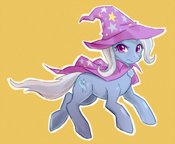 Size: 1200x990 | Tagged: safe, artist:temecharo, trixie, pony, unicorn, g4, cape, clothes, colored pupils, female, hat, looking at you, outline, simple background, solo, trixie's cape, trixie's hat, yellow background