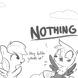 Size: 1080x1080 | Tagged: safe, artist:tjpones, gilda, rainbow dash, griffon, pegasus, pony, g4, blushing, body pillow, caught, cloud, denial, dialogue, embarrassed, hiding, implied gildash, implied lesbian, raised hoof, simple background, white background