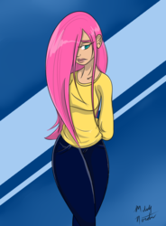 Size: 2580x3500 | Tagged: safe, artist:l-pastellepink-l, fluttershy, human, g4, clothes, female, hair over one eye, hands behind back, high res, humanized, looking away, looking down, pants, shy, solo