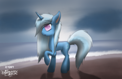 Size: 3400x2200 | Tagged: safe, artist:mcflurrylazermuffin, trixie, pony, unicorn, g4, :o, beach, female, high res, ocean, open mouth, raised hoof, sand, signature, solo