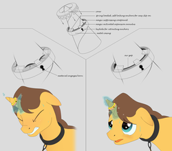 Size: 2175x1903 | Tagged: safe, artist:evilenchantress, derpibooru exclusive, doctor horse, doctor stable, pony, unicorn, g4, bondage, collar, diagram, heart, heart eyes, horn, horn ring, magic suppression, male, solo, stallion, sweat, wingding eyes