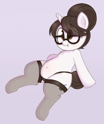 Size: 809x969 | Tagged: safe, artist:toroitimu, raven, pony, unicorn, g4, belly button, chubby, clothes, female, glasses, mare, open mouth, panties, plump, purple background, simple background, smiling, socks, solo, stockings, thick, thigh highs, underwear