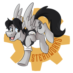Size: 758x757 | Tagged: safe, artist:spainfischer, oc, oc only, oc:steamworks, pegasus, pony, badge, clothes, con badge, male, solo, stallion, vest