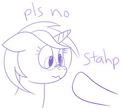 Size: 900x800 | Tagged: safe, artist:tyrannisumbra, oc, oc only, pony, unicorn, boop, disembodied hoof, frown, glasses, hooves, imminent boop, monochrome, non-consensual booping, nose wrinkle, pls, pls no, scrunchy face, sketch, solo focus, stahp, wavy mouth, wide eyes