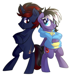 Size: 1240x1336 | Tagged: safe, artist:drawntildawn, oc, oc only, pegasus, pony, unicorn, bipedal, clothes, duo, simple background, transparent background