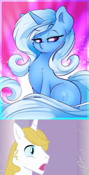 Size: 1024x2000 | Tagged: safe, artist:madacon, edit, prince blueblood, trixie, pony, g4, aroused, chest fluff, ear fluff, lidded eyes, looking away, love at first sight, male, raised eyebrow, ship:bluetrix, shipping, sitting, snobby, sparkles, straight, surprised blueblood