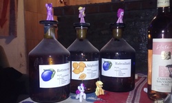 Size: 2560x1536 | Tagged: safe, applejack, pinkie pie, rarity, twilight sparkle, g4, alcohol, figure, hungarian, hungary, irl, palinka, photo, toy, translated in the description