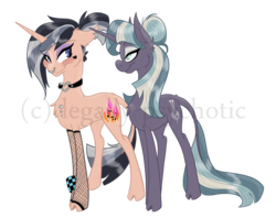 Size: 2073x1645 | Tagged: safe, artist:cranberry--zombie, oc, oc only, oc:knitpick, oc:sonata, classical unicorn, pony, unicorn, cloven hooves, female, fishnet stockings, horn, leonine tail, mare, nose piercing, nose ring, piercing, simple background, transparent background