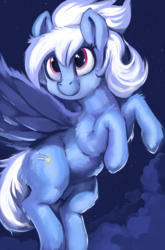 Size: 2000x3029 | Tagged: safe, artist:dimfann, cloudchaser, pegasus, pony, g4, cloud, female, flying, high res, looking at something, night, raised hoof, smiling, solo, spread wings, stars, turned head