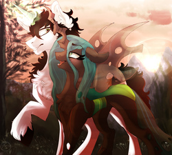 Size: 2000x1800 | Tagged: safe, artist:zaphyray, queen chrysalis, oc, oc:fire knight, changeling, changeling queen, pony, unicorn, g4, blushing, canon x oc, chest fluff, female, male, shipping, stallion, straight, sunset