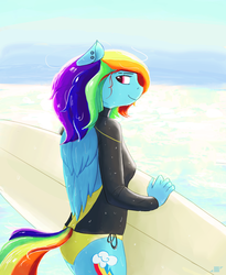 Size: 1500x1831 | Tagged: safe, artist:shiropoint, rainbow dash, anthro, g4, backwards cutie mark, bikini, bikini bottom, clothes, female, solo, surfboard, swimsuit, wetsuit