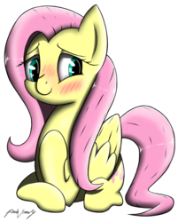 Size: 2185x2713 | Tagged: safe, artist:laffy372, fluttershy, pegasus, pony, g4, blushing, female, folded wings, high res, looking at you, prone, simple background, solo, transparent background