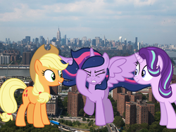 Size: 2048x1536 | Tagged: safe, artist:decprincess, artist:deratrox, artist:logan859, applejack, starlight glimmer, twilight sparkle, alicorn, earth pony, pony, unicorn, g4, giant pony, giant starlight glimmer, highrise ponies, irl, macro, mega twilight sparkle, new york city, photo, ponies in real life, twilight sparkle (alicorn)