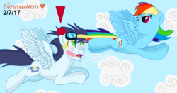 Size: 4096x2150 | Tagged: safe, artist:cinnamon-swirls, rainbow dash, soarin', pony, g4, backwards cutie mark, blowing a kiss, blushing, exclamation point, flying, high res, looking at each other, male, ship:soarindash, shipping, straight