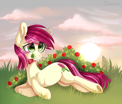 Size: 1024x872 | Tagged: safe, artist:ten-dril, roseluck, pony, g4, female, flower, flower in mouth, mouth hold, prone, rose, solo, sunset