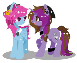 Size: 900x738 | Tagged: safe, artist:snow angel, oc, oc only, oc:noty serdtsa, oc:symphony diamond, pegasus, pony, unicorn, bowtie, ear piercing, earring, female, hat, jewelry, mare, piercing, simple background, sparkles, transparent background