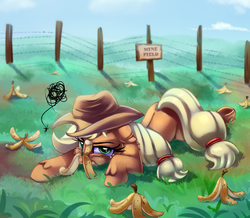 Size: 2000x1740 | Tagged: safe, artist:discorded, applejack, earth pony, pony, g4, banana peel, cowboy hat, faceplant, female, fence, grass, hat, prone, sign, solo, stetson, unamused