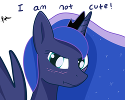 Size: 2500x2000 | Tagged: safe, artist:perhaps198, princess luna, alicorn, pony, g4, :t, blatant lies, blushing, cute, dialogue, female, frown, high res, i'm not cute, lunabetes, scrunchy face, simple background, solo, spread wings, white background